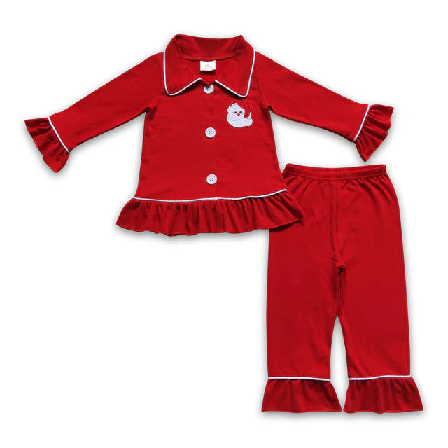 RTS Sibling Baby Kids Embroidery Santa Trees Button Top Pants Christmas Pajamas Sets