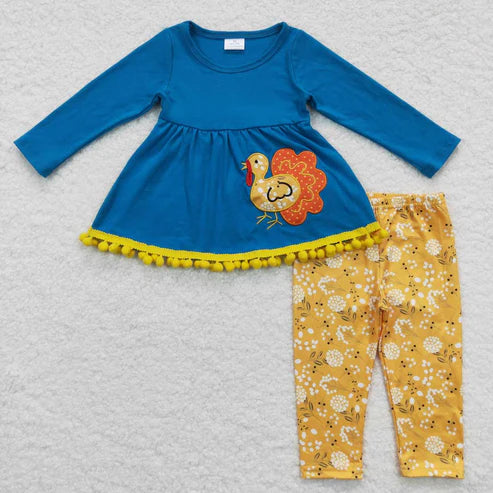 9.19 RTS Sibling Baby Girls Sibling Baby Girls Embroidery Turkey Long Ruffle Sleeves Pants Thanksgiving Clothes Sets