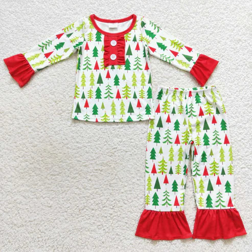 9.16 RTS Sibling Baby Kids Green Red Trees Button Top Pants Christmas Pajamas Sets Zipper Footie Rompers