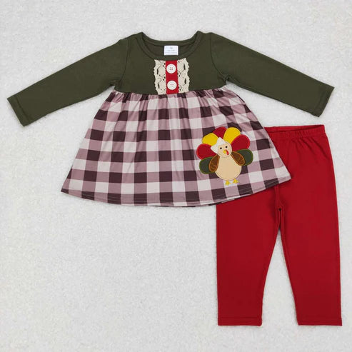 9.19 RTS Sibling Baby Kids Embroidery Turkey Thanksgiving Clothes Sets Footie Rompers