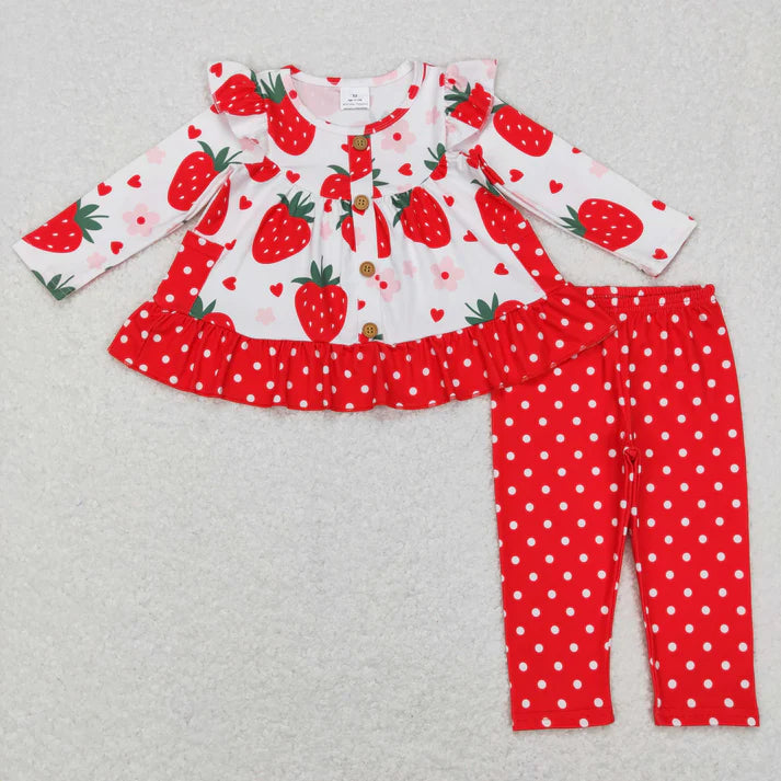 9.17 RTS Sibling Baby Girls Hearts Strawberry Button Pockets Tunic Polka Dots Leggings Bell Bottom Jumpsuits