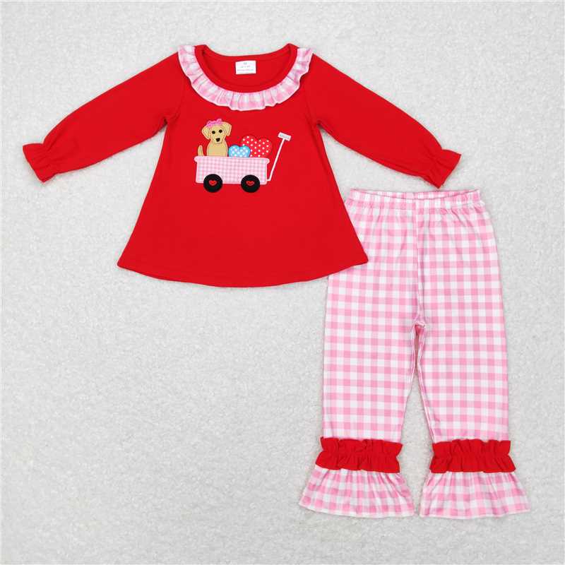 4.11 RTS NO MOQ Blue Dog Heart Top Plaid Pants Girls Boys Valentine's Day Outfit