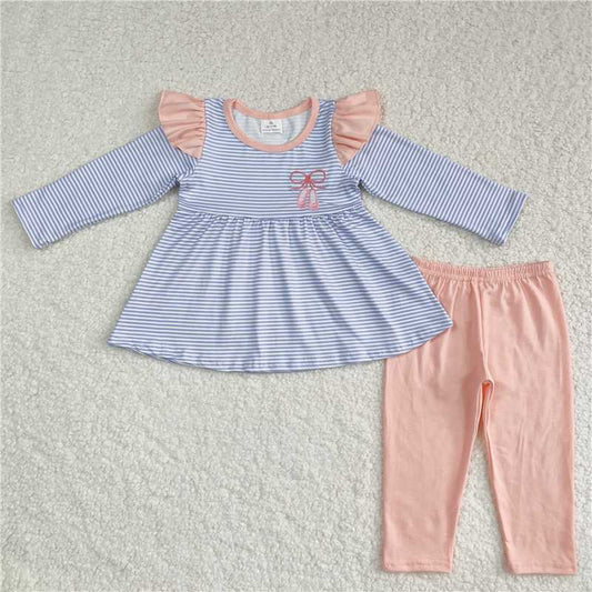 RTS NO MOQ GLP1194 Embroidered ballet shoes blue stripe long sleeve pink trousers set