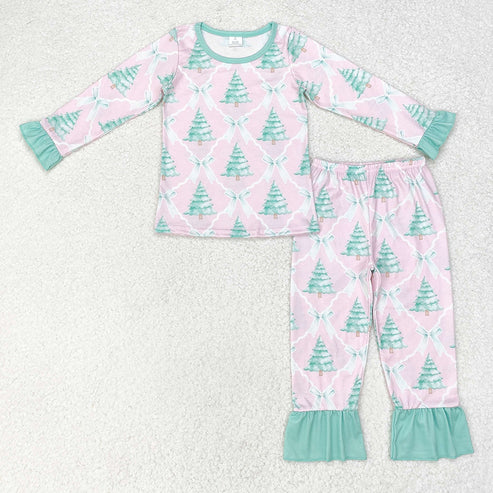 9.18 RTS Sibling Baby Girls Bows Trees Checked Top Ruffle Pants Christmas Pajamas Sets Zipper Rompers