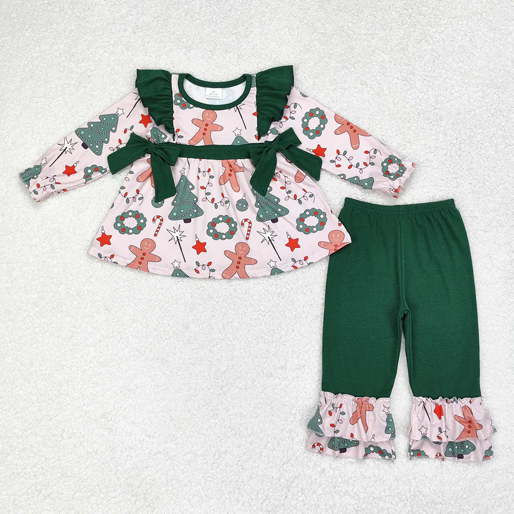 10.2 RTS Sibling Baby Girls Long Sleeves Gingerbread Santa Plaid Tunic Ruffle Pants Christmas Sets