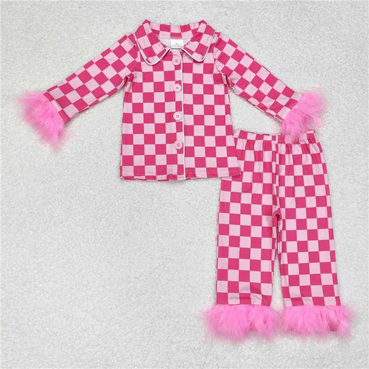 USA Warehouse (IN STOCK) GLP1256 Kids Girls Hot Pink Plaid Furry Ruffle Button down Pajamas Comfortable Soft Sleepwear