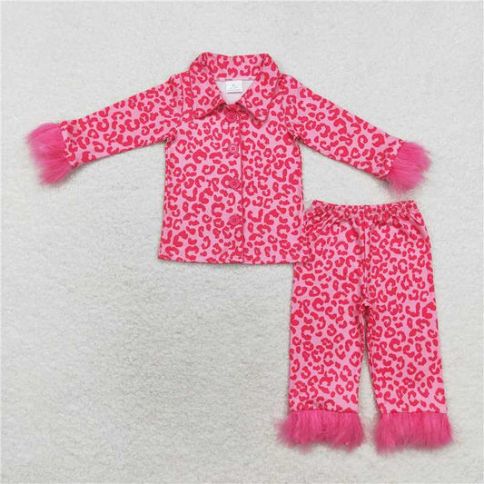 USA Warehouse (IN STOCK) GLP1257 Kids Girls Hot Pink Leopard Fur Pajamas with Ruffle Button down Comfortable Sleepwear