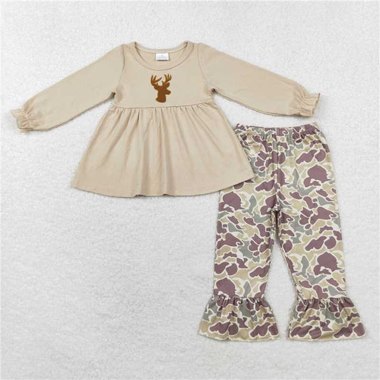 USA Warehouse (IN STOCK) GLP1284 Girls Deer Tunic Camo Ruffle Pants Set Hunting Themed Clothing for Kids