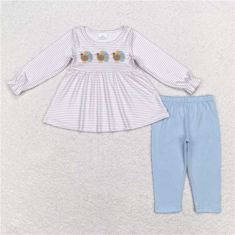 GLP1380 Baby Girls Stripes Thanksgiving Turkey Tunic Legging Pants Clothes Sets