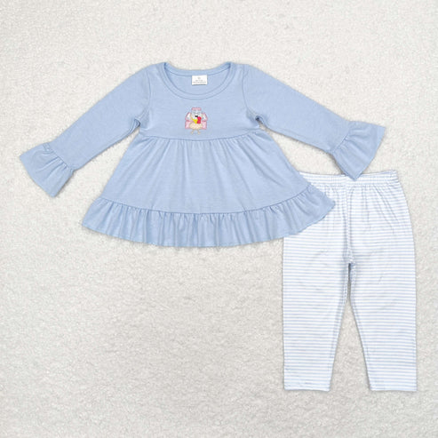 9.19 RTS Sibling Baby Girls Sibling Baby Girls Embroidery Turkey Long Ruffle Sleeves Pants Thanksgiving Clothes Sets