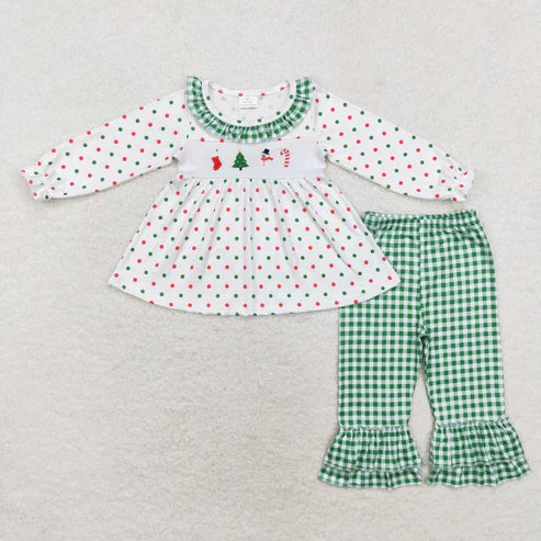 9.19 RTS Sibling Baby Kids Embroidery Snowmen Trees Top Pants Christmas Clothes Sets