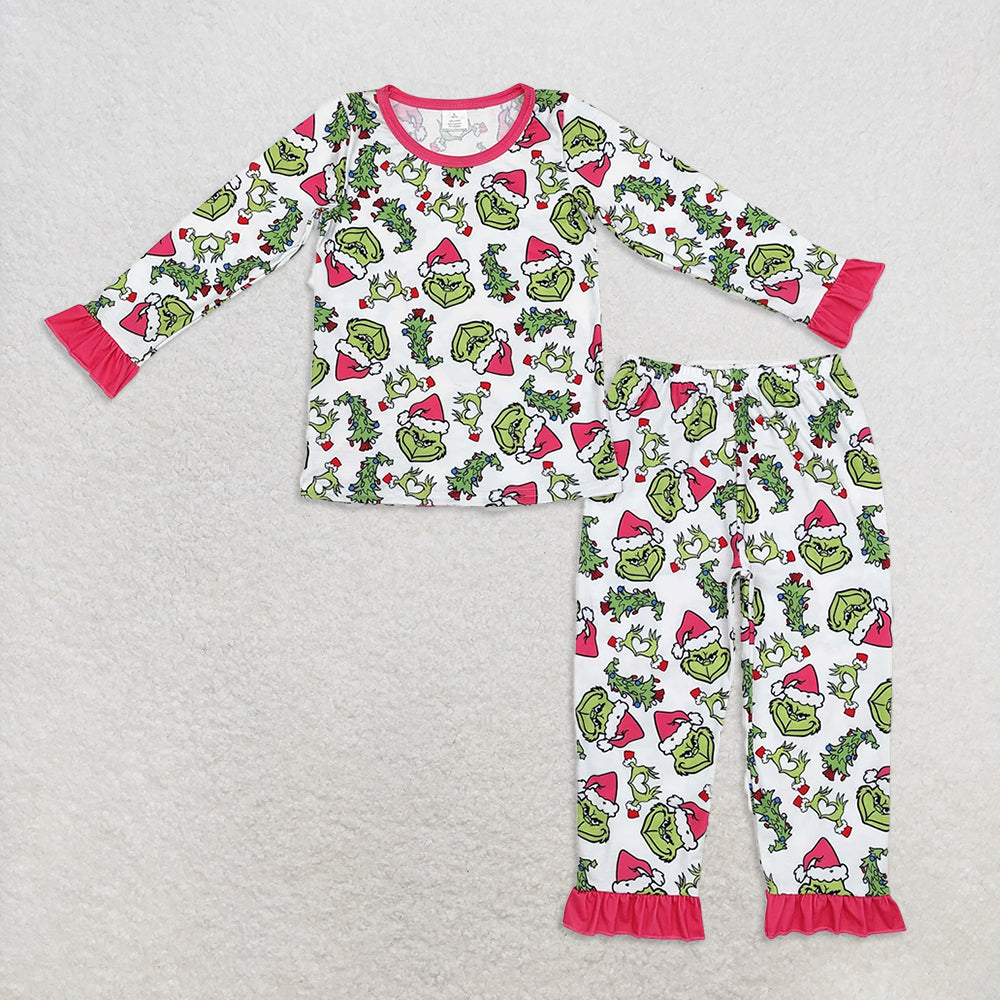 RTS Sibling Baby Girls Winter Outfits Hot Pink Long Sleeve Baby Pajamas Christmas Tree Green Face Design Comfortable Rompers Pants for Infants