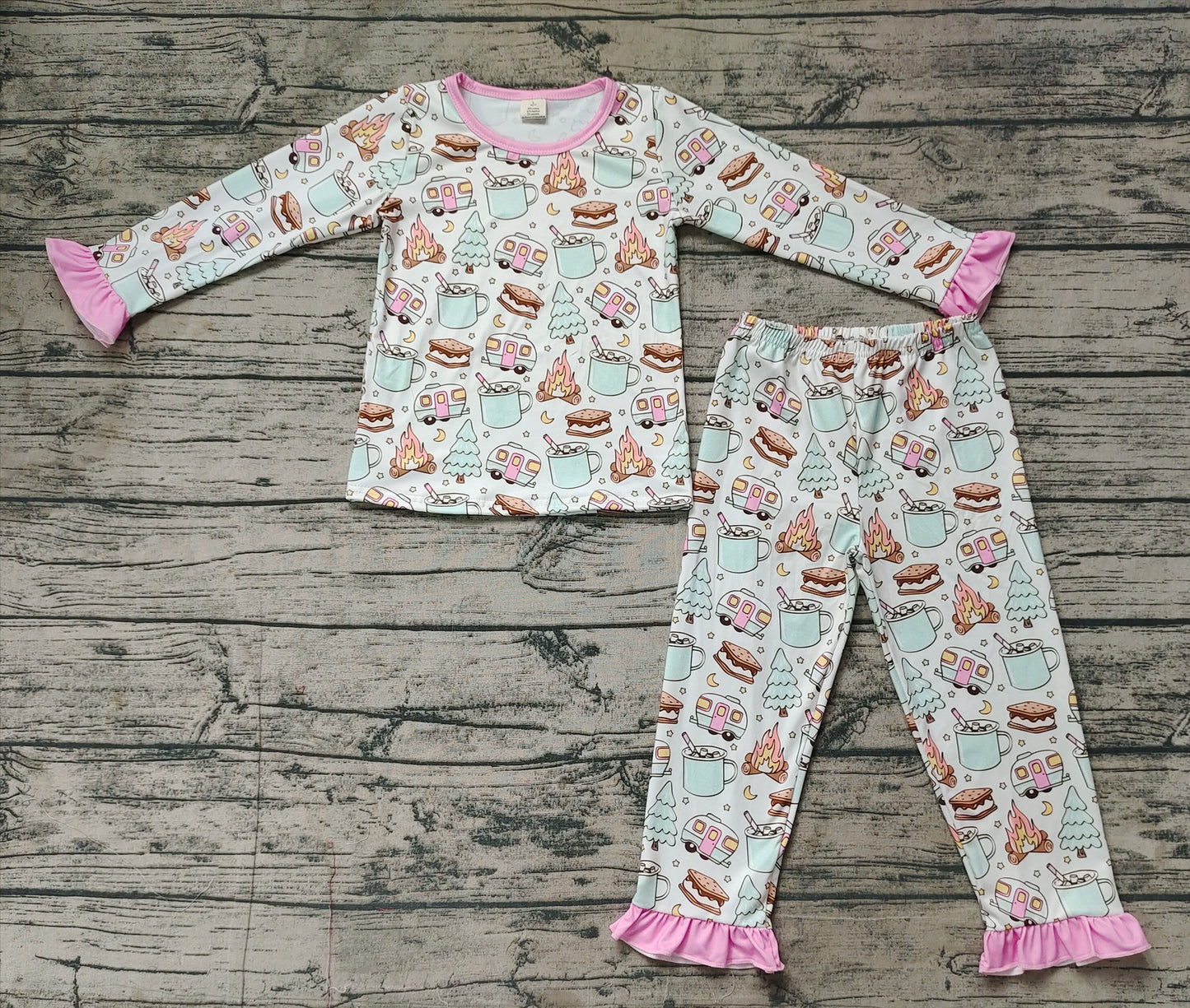 GLP1502 Pink long sleeves cookie trees camping baby girls pajamas