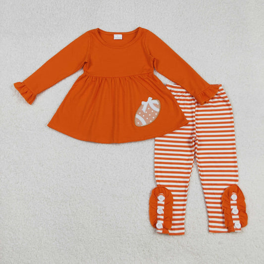 RTS NO MOQ (In stock)GLP1588 Baby Girls Winter Outfits Orange Long Sleeve Football Tunic with Stripe Leggings Set Sporty Outfit for Kids