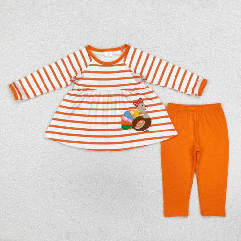9.19 RTS Sibling Baby Girls Embroidery Turkey Pie Pumpkins Tunic Pants Thanksgiving Clothes Sets