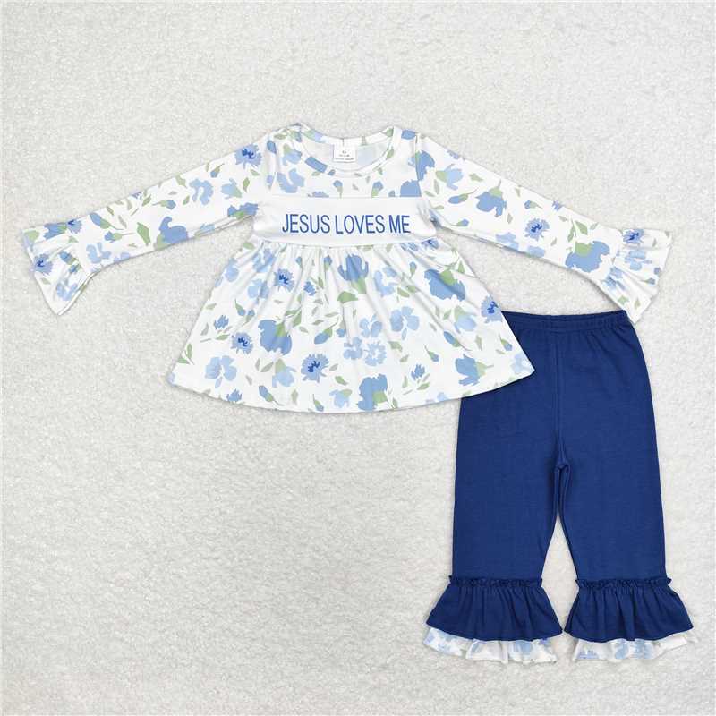 11.29 RTS NO MOQ (In stock)GLP1669 Baby Girls Flowers Jesus Loves Me Tunic Ruffle Pants Clothes Sets