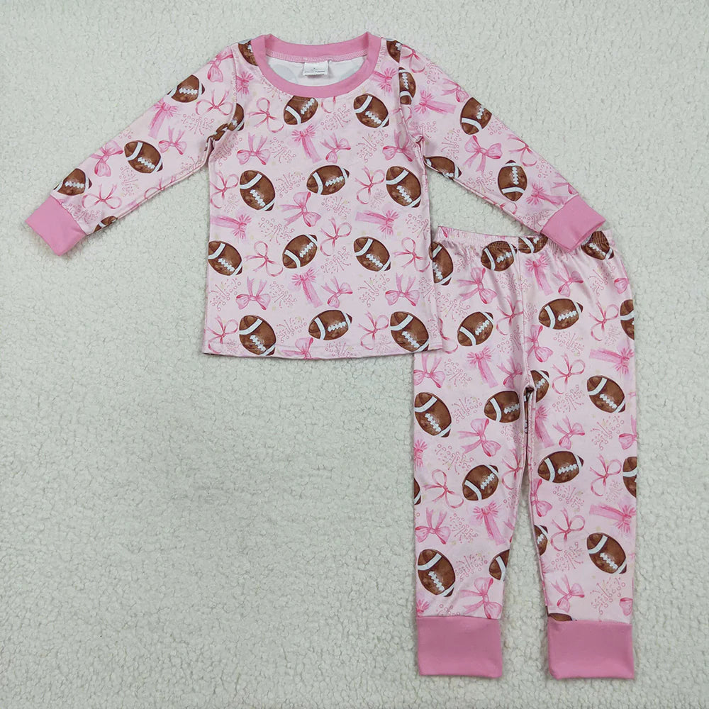 10.2 RTS Sibling Baby Girls Pink Football Bows Rompers Pajamas Clothes Sets