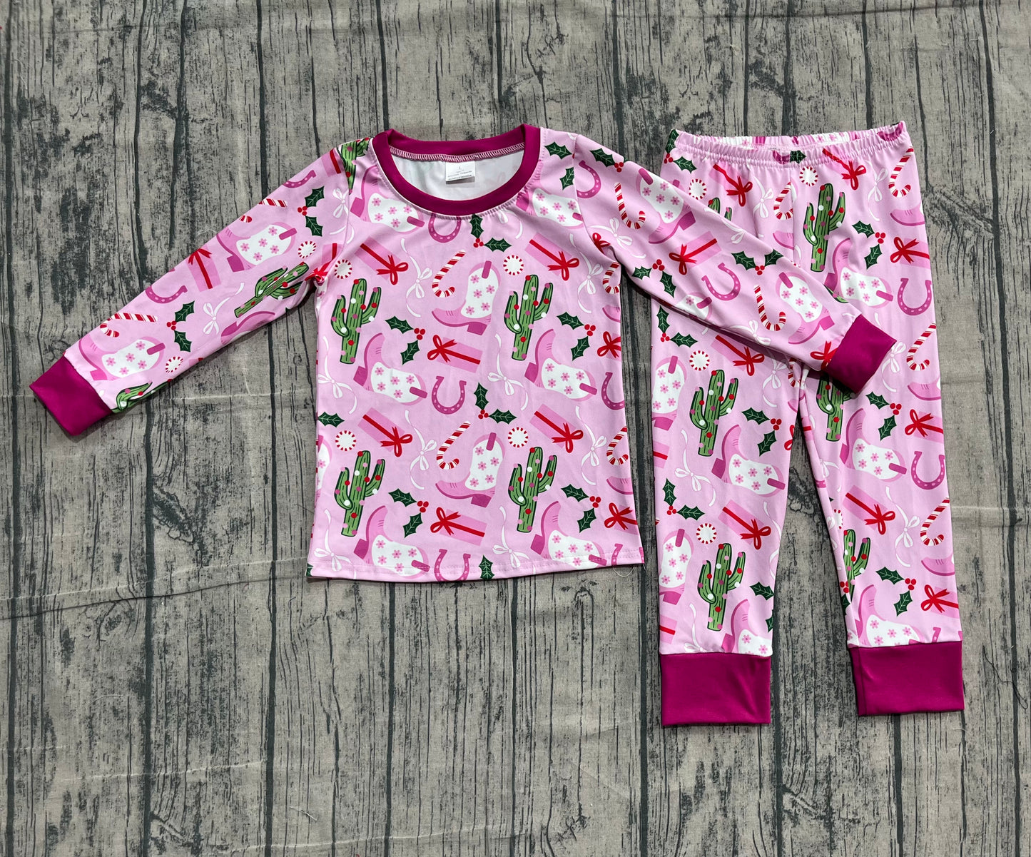 10.22 GLP1783 Sample No Moq Baby Girls Christmas Western Boots Cactus Pajamas Clothes Sets