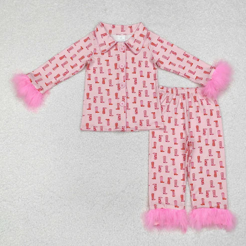9.27 RTS Sibling Baby Girls Sister Bows Boots Hearts Buttons Top Pants Fur Pajamas Clothes Sets
