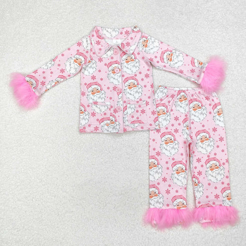 9.27 RTS Sister Christmas Bows Santa Buttons Top Pants Fur Pajamas Clothes Sets
