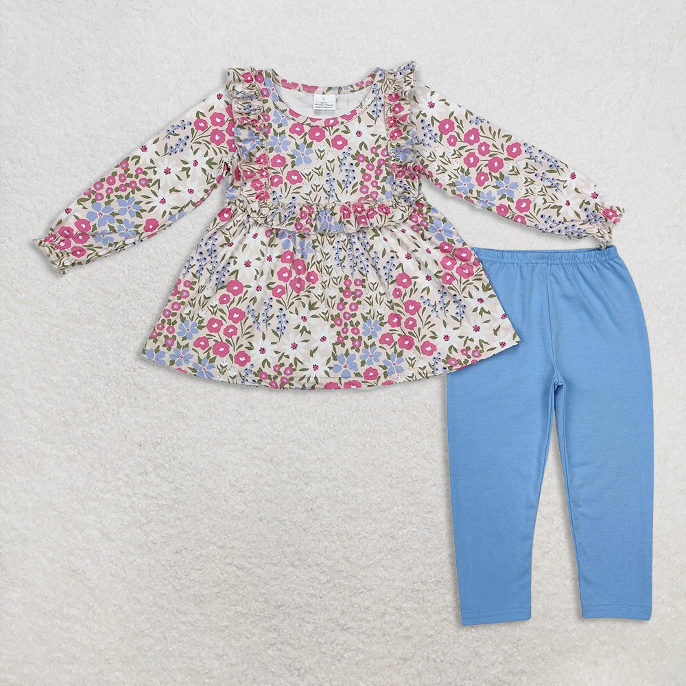 10.21 RTS Sibling Baby Girls Long Sleeves Colorful Floral Bows Plaid Tunic Ruffle Pants Sets