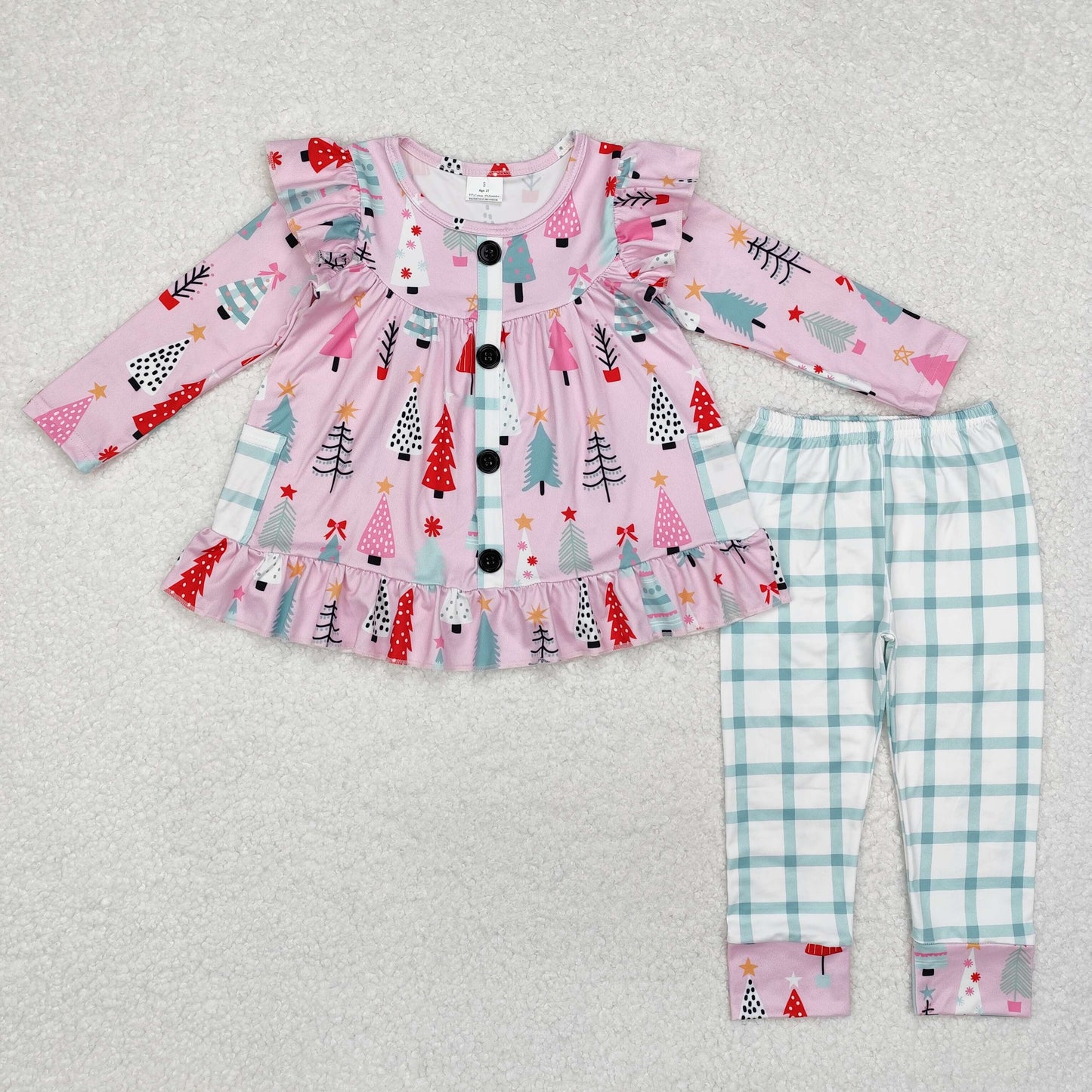 GLP1998 Pink Christmas tree ruffle tunic plaid leggings girls clothes