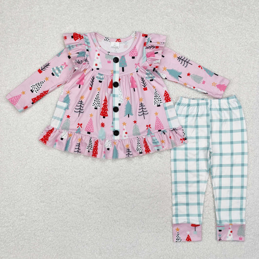 GLP1998 Pink Christmas tree ruffle tunic plaid leggings girls clothes