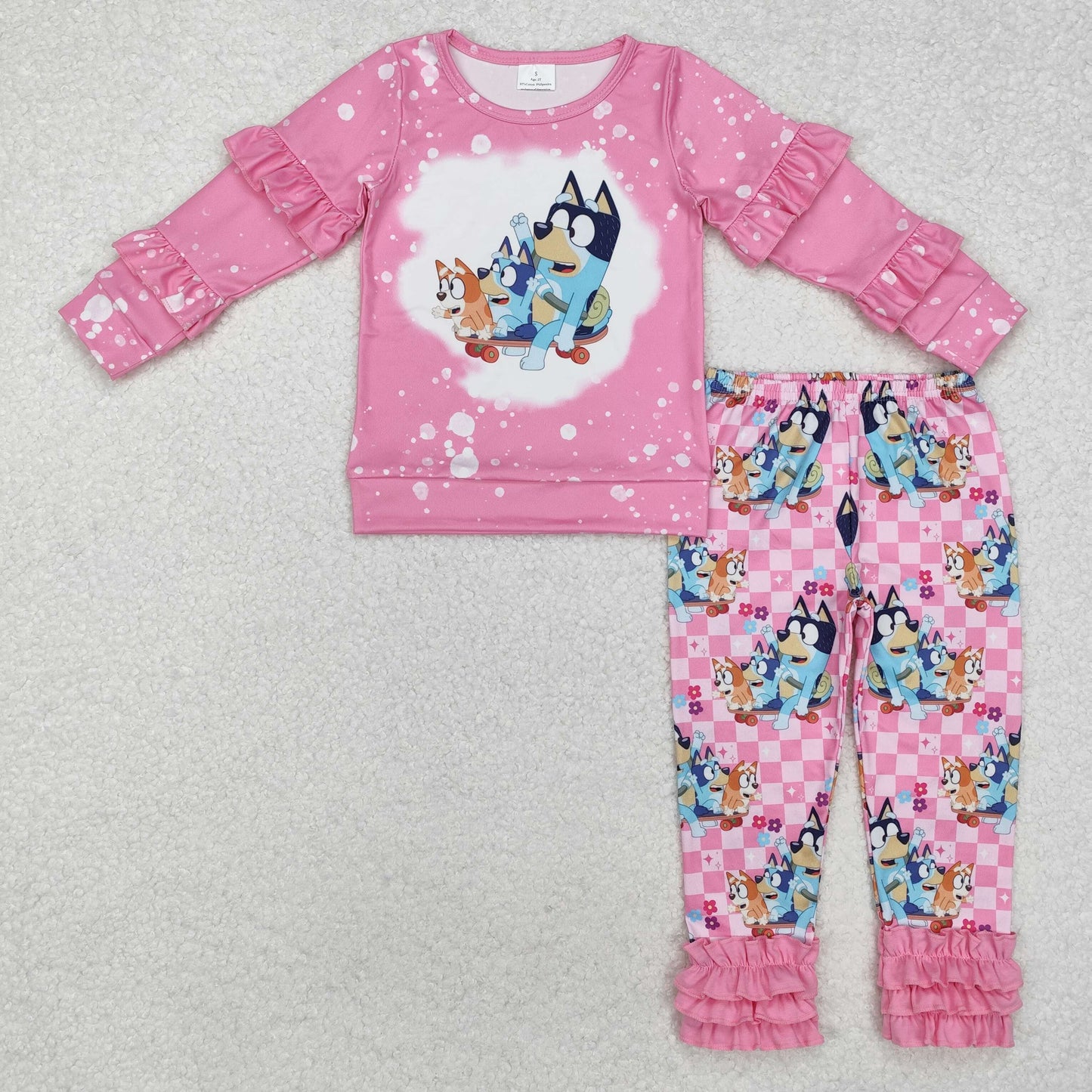 GLP2088 Pink bleached dog ruffle top pants girls clothing set