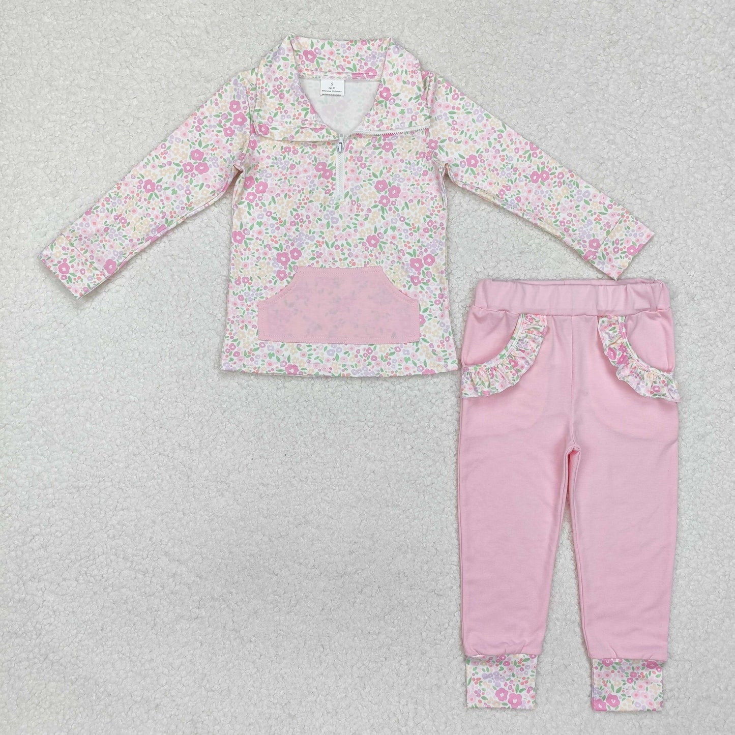 GLP2118 Pink floral pocket zip pullover pants girls clothing set