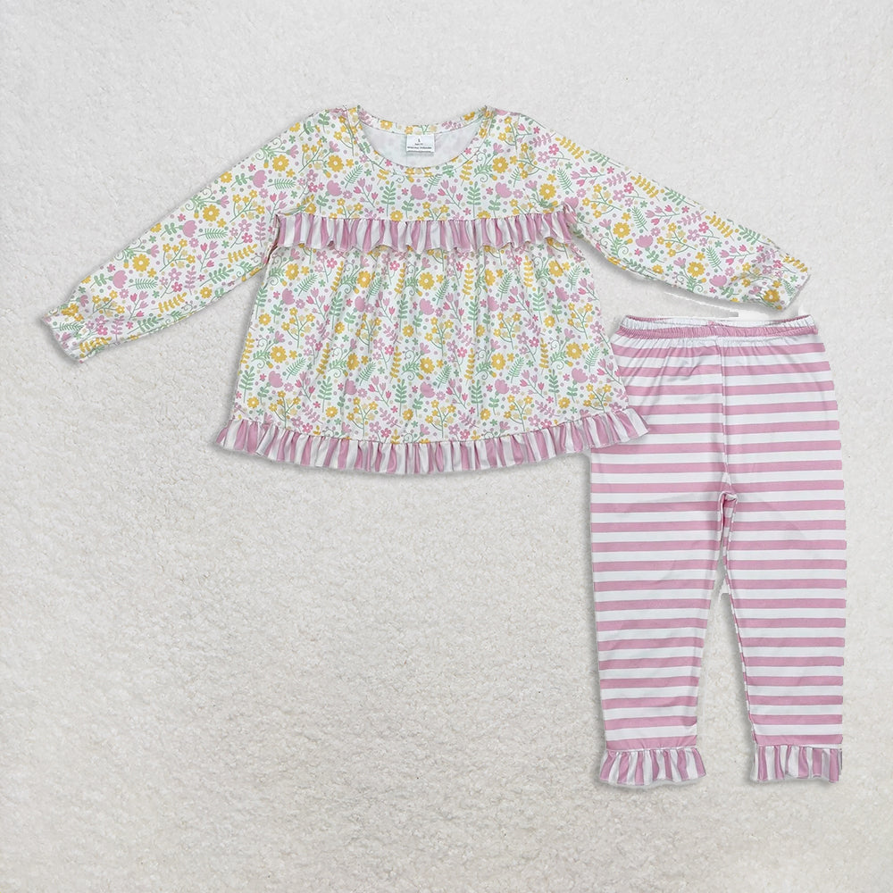 10.21 RTS Sibling Baby Girls Long Sleeves Colorful Floral Bows Plaid Tunic Ruffle Pants Sets