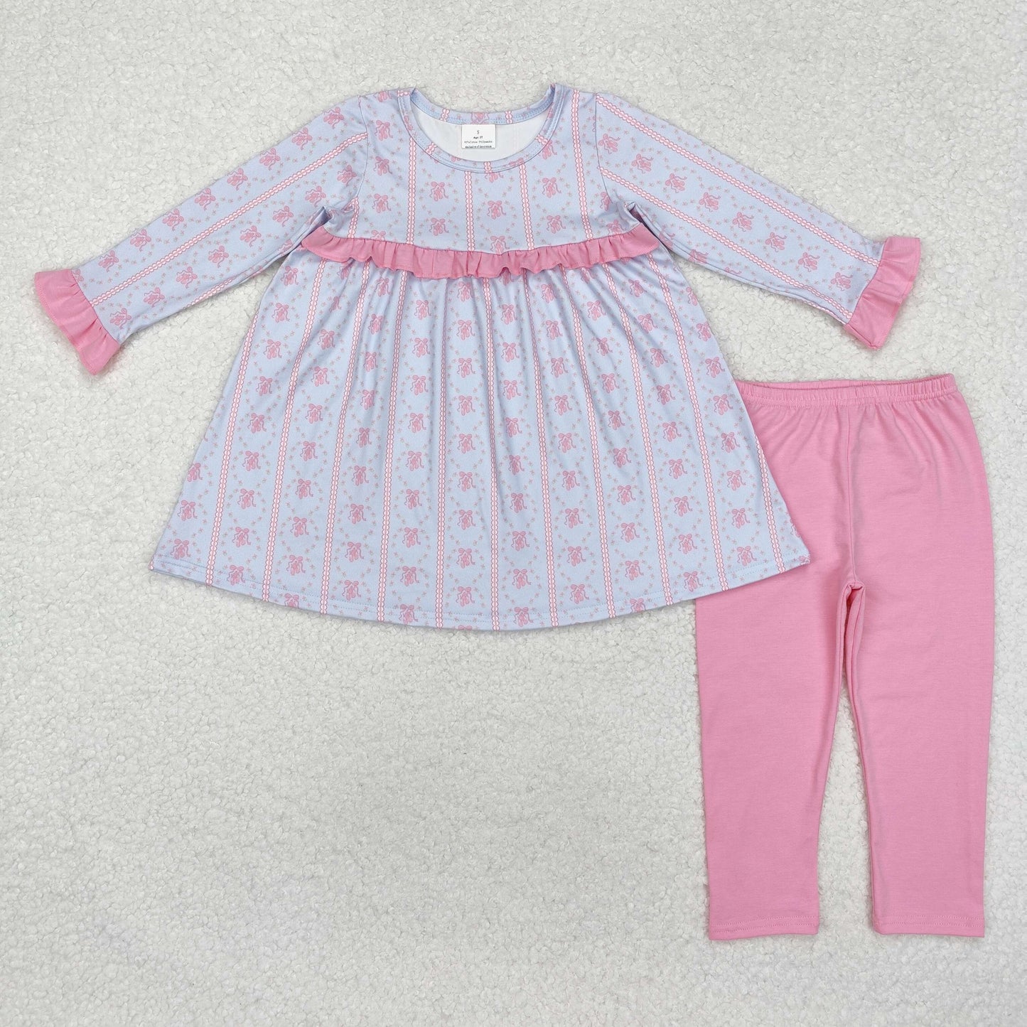 GLP2145 Pink bow long sleeves tunic leggings girls clothing set