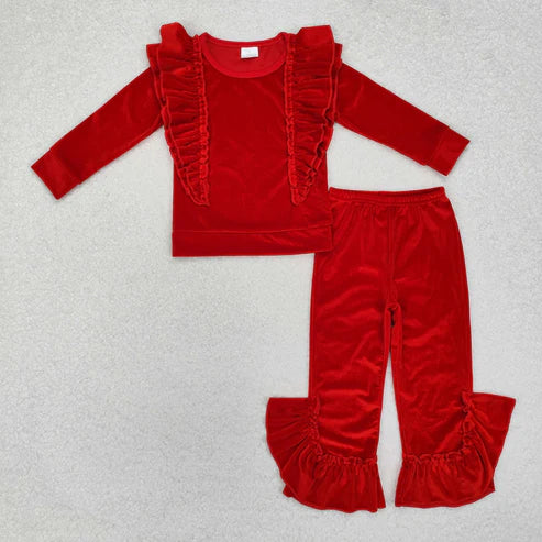 11.6 RTS Sibling Baby Girls Christmas Ruffle Bell Pants Velvet Pajamas Clothes Sets