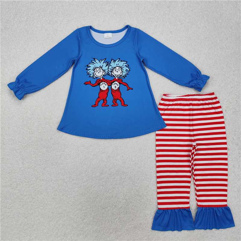 GLP2177Blue cat hat top red stripe ruffle pants girls clothing set