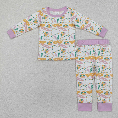 11.25 RTS Sibling Baby Girls Mardi Gras Masks Lavender Rompers Pajamas