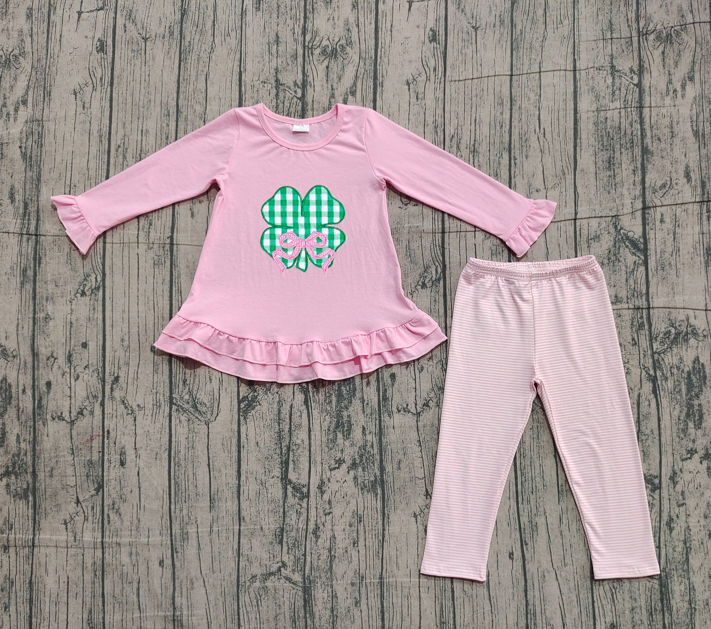 10.29 GLP2210 Sample No Moq Embroidery Bow Clovers Baby Girls Tunic Stripe Leggings St Patrick Clothes Sets