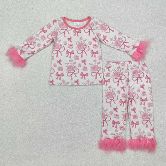 RTS NO MOQ ETA 5/7days arrived GLP2215 Flower bow pattern pink plush edge beige long sleeve long pants pajama set