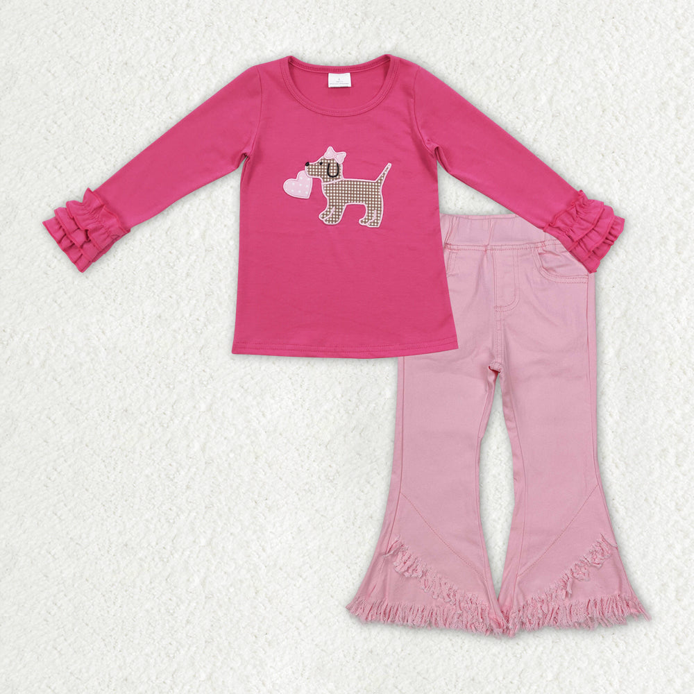 GLP2236 Baby Girls Valentines Dog Heart Shirt Top Pink Fringe Denim Jeans Pants Clothes Sets