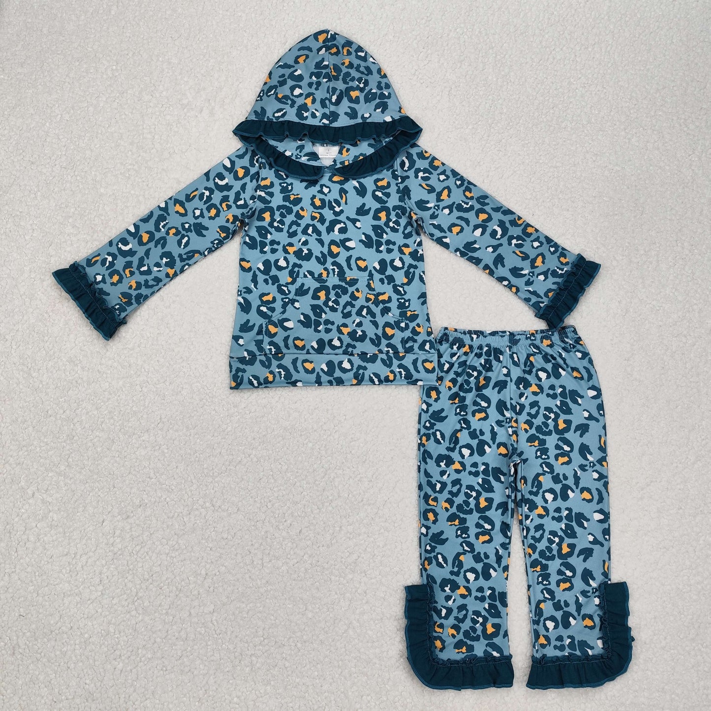 GLP2239Ruffle long sleeves leopard kids girls pocket hoodie set