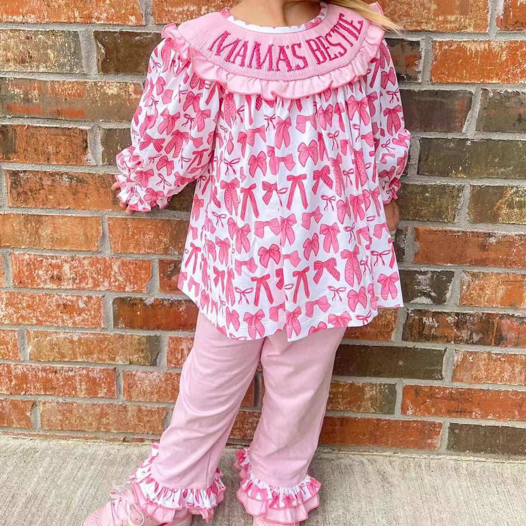 GLP2254 Baby Girls Pink Bows Mama's Bestie Tunic Ruffle Pants Outfits Clothes Sets