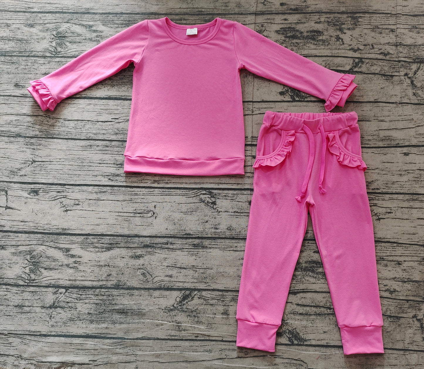 GLP2258Long sleeves hot pink ruffle top pants kids girls clothes