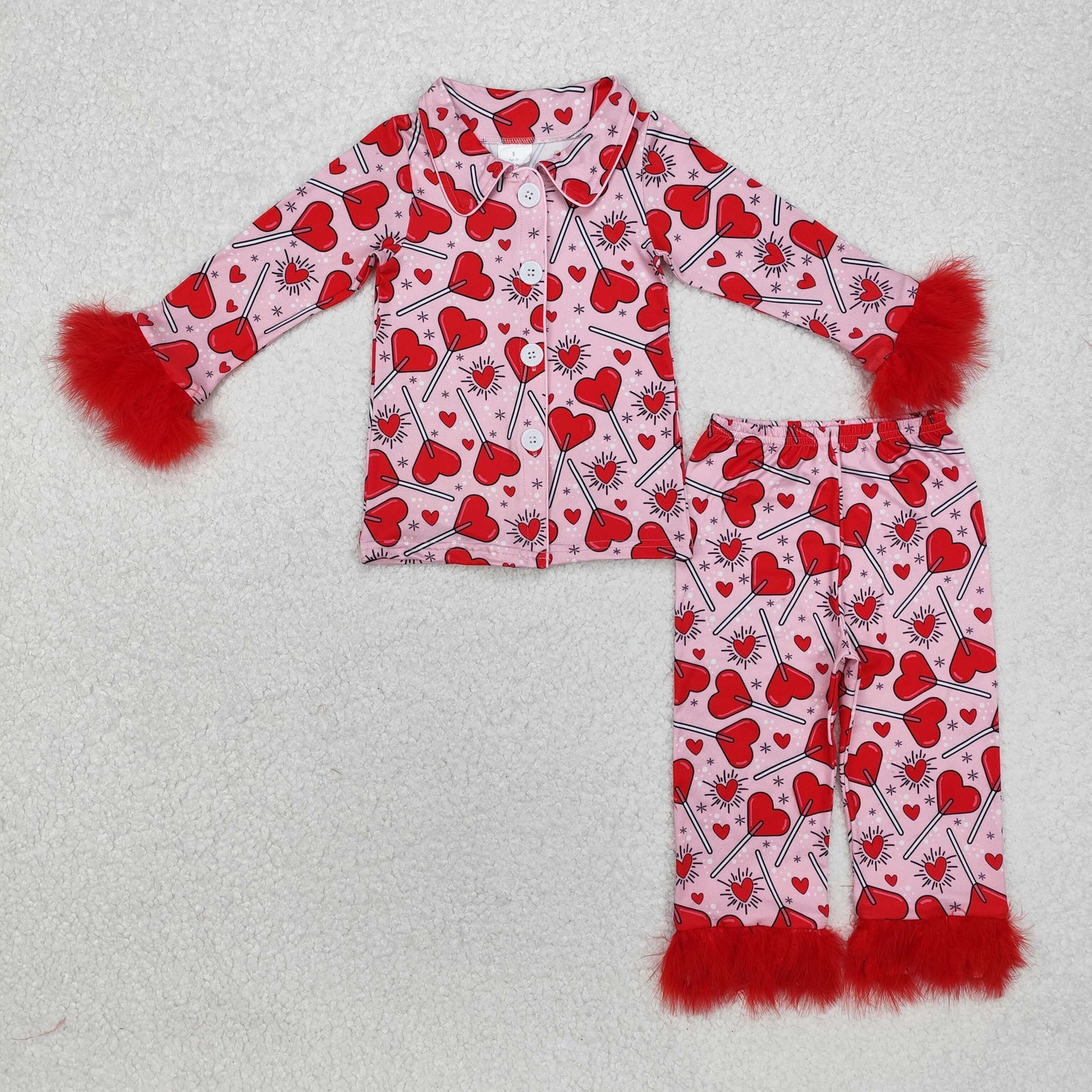 GLP2266Red heart fur long sleeves girls valentine's pajamas