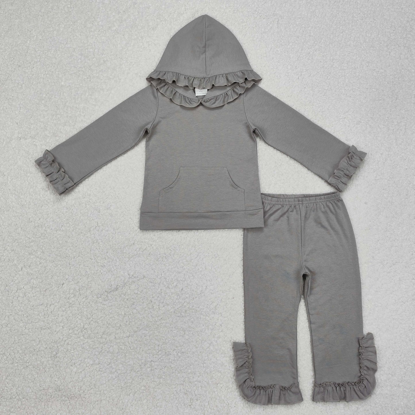 GLP2272 Ruffle grey cotton hoodie pants kids girls clothes