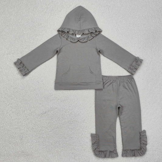 GLP2272Ruffle grey cotton hoodie pants kids girls clothes