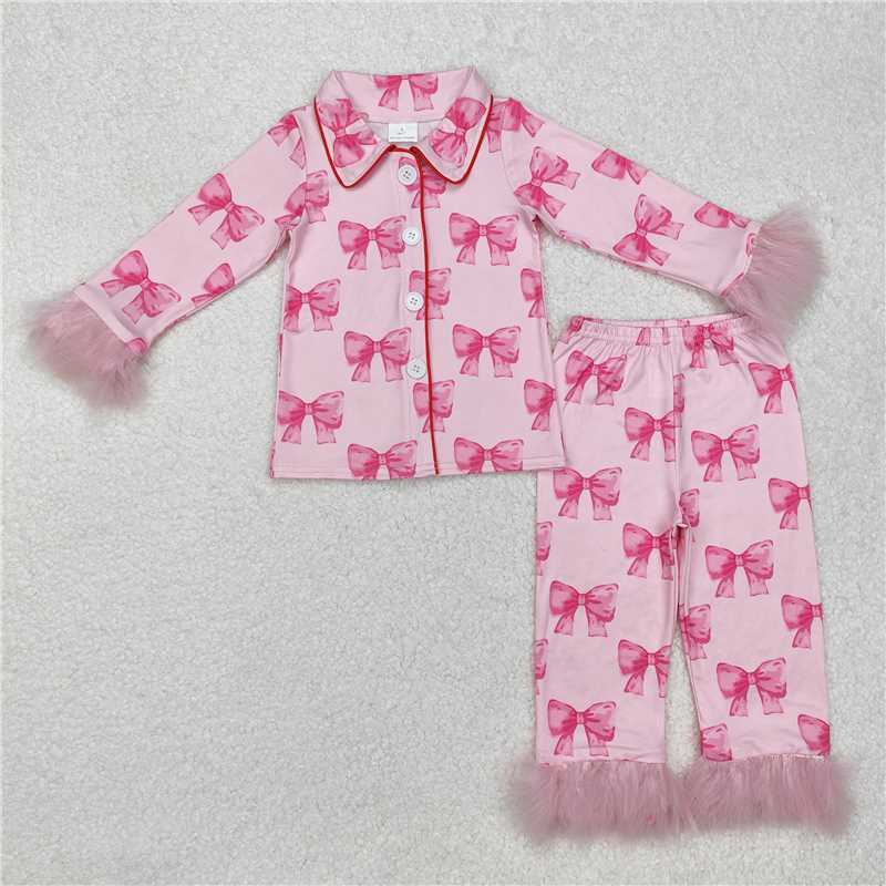 4.30 GLP2289 RTS NO MOQ Pink bow fur long sleeves kids girls button down pajamas