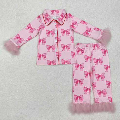 9.27 RTS Sibling Baby Girls Sister Bows Boots Hearts Buttons Top Pants Fur Pajamas Clothes Sets