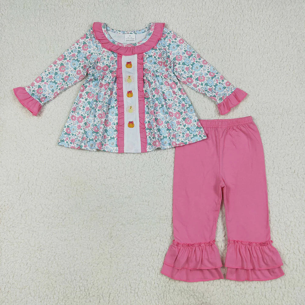 10.3 RTS Sibling Embroidery Baby Girls Floral Turkey Pumpkins Rompers Dresses Sets