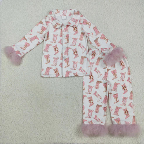 9.27 RTS Sibling Baby Girls Sister Bows Boots Hearts Buttons Top Pants Fur Pajamas Clothes Sets