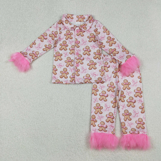 RTS NO MOQ (In stock)GLP2374 Baby Girls Winter Outfits Girls Pink Fur Pajamas with Gingerbread Bow Christmas Theme Button down Nightwear for Kids