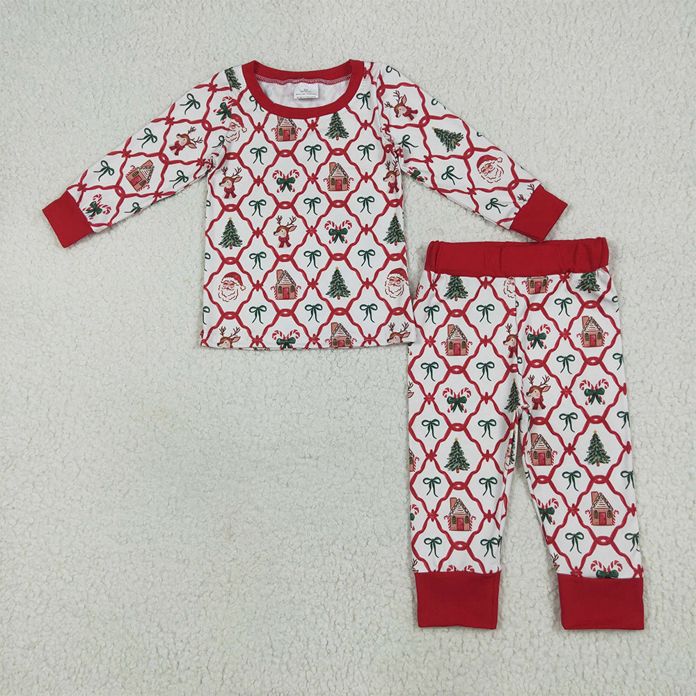 8.18 GLP2391 RTS NO MOQ Baby Girls Winter Outfits Baby Girls Long Sleeves Bows Gingerbread Plaid Top Pant Pajamas Set