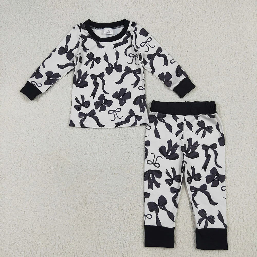 10.3 RTS Sibling Baby Girls Long Sleeves Black Bows Rompers Pajamas